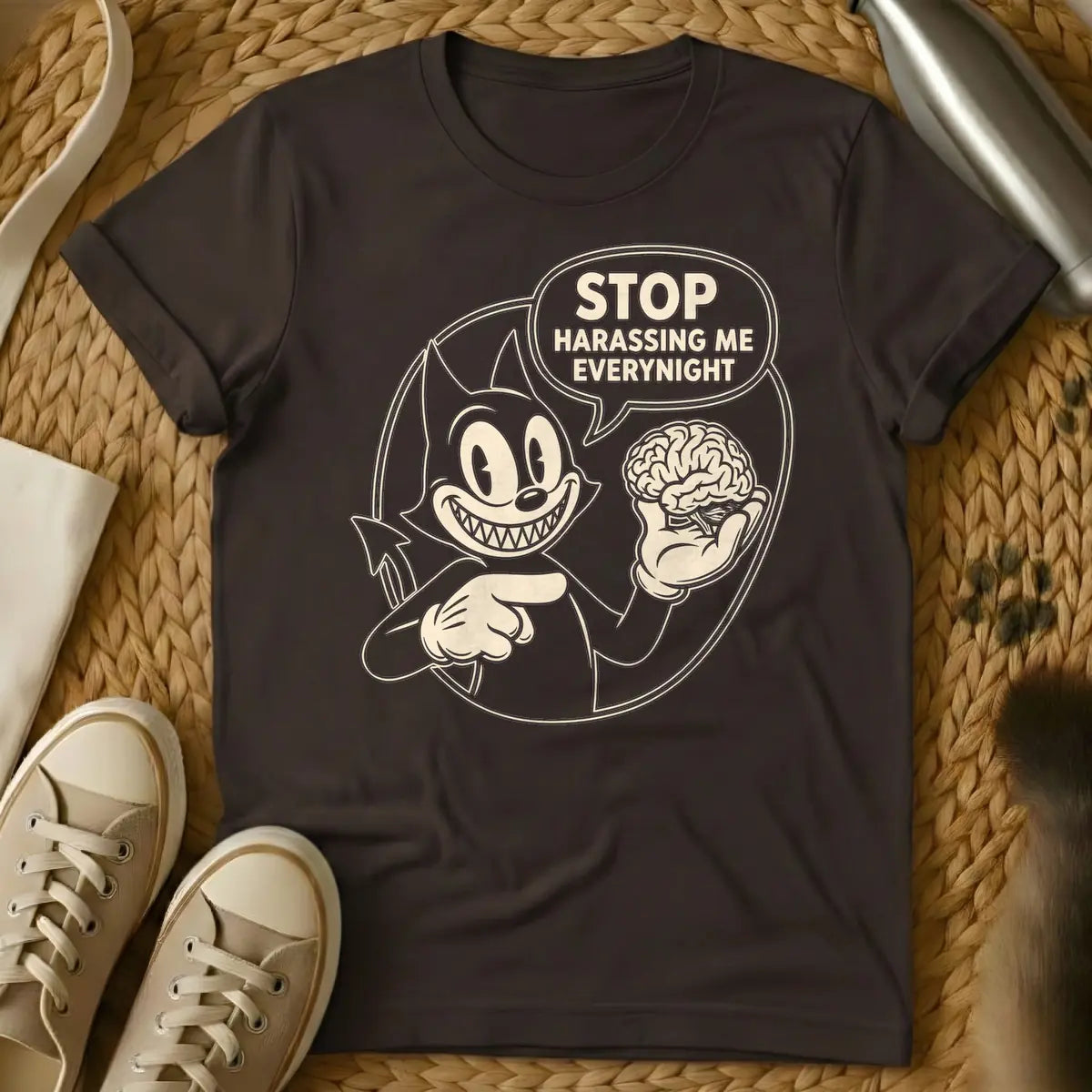 Dark Chocolate - Black and white vintage cartoon devil cat with a wide, sharp-toothed grin, holding a human brain in one hand and pointing at it, with a speech bubble that reads "STOP HARASSING ME EVERY NIGHT".