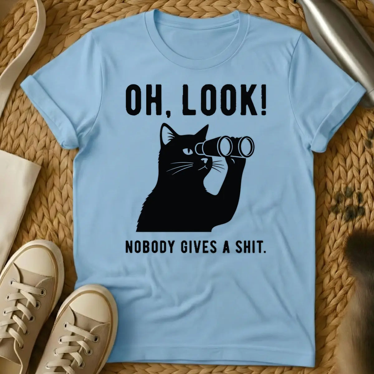 Light Blue - Black cat holding binoculars with the text "OH, LOOK! NOBODY GIVES A SHIT."