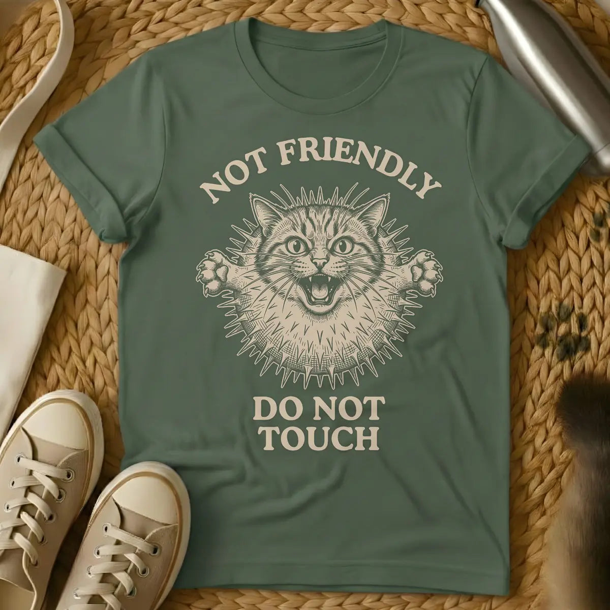 Military Green - Black and white illustration of an angry cat with a spiky pufferfish body, baring fangs and extending claws. Above the cat, text reads 'NOT FRIENDLY', and below, 'DO NOT TOUCH'.