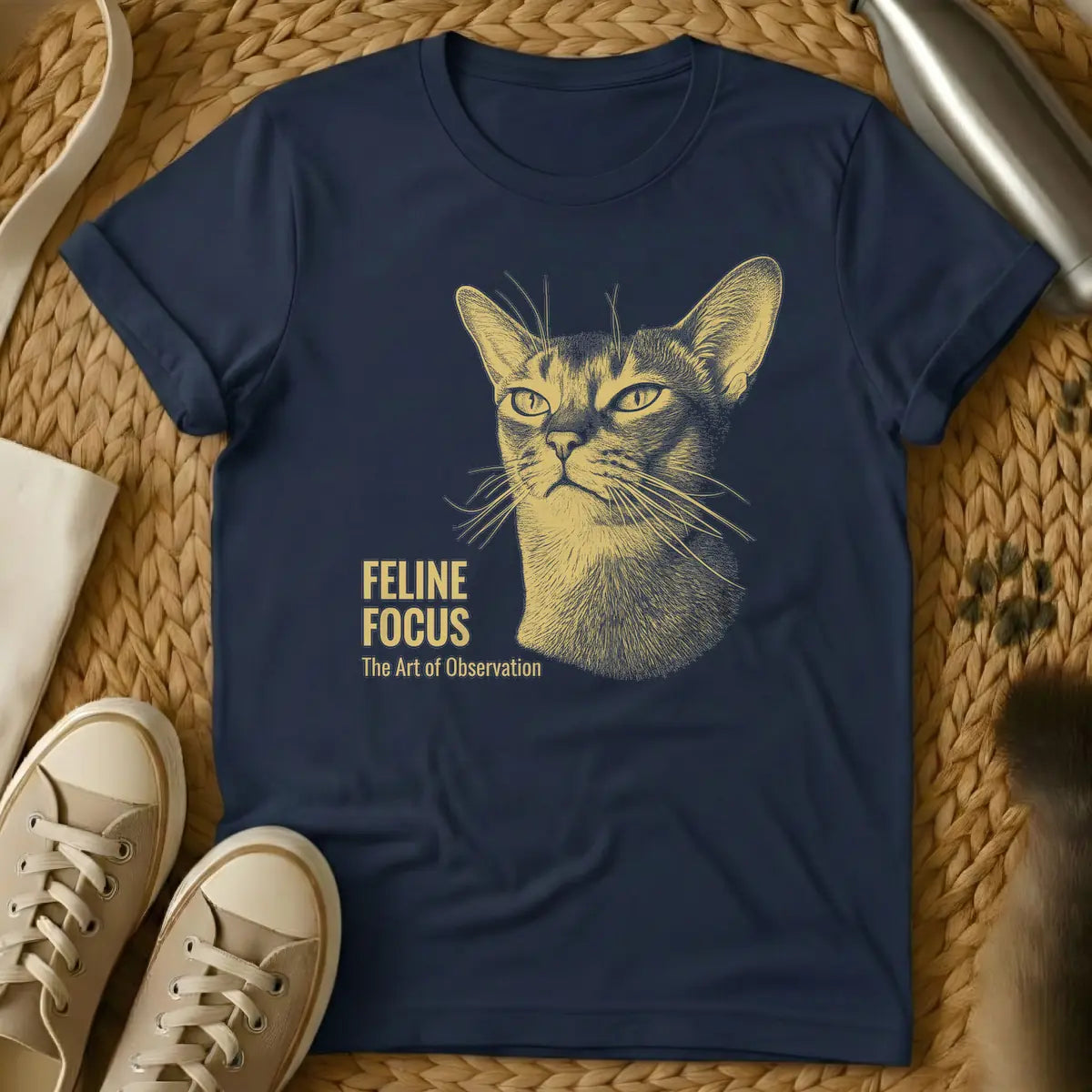 Navy - Golden stipple art illustration of a cat's focused face with whiskers and the text 'FELINE FOCUS The Art of Observation' on a t-shirt.