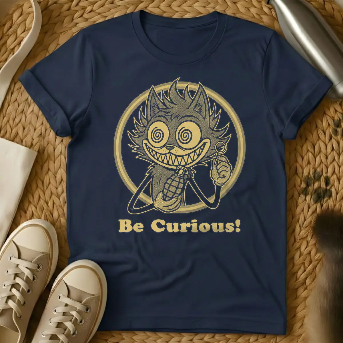 Navy - Gold-toned graphic of a grinning, spiky-haired cat creature with spiral eyes, holding a lollipop and a pineapple grenade, contained within a circle. Below, the text reads 'Be Curious!'.