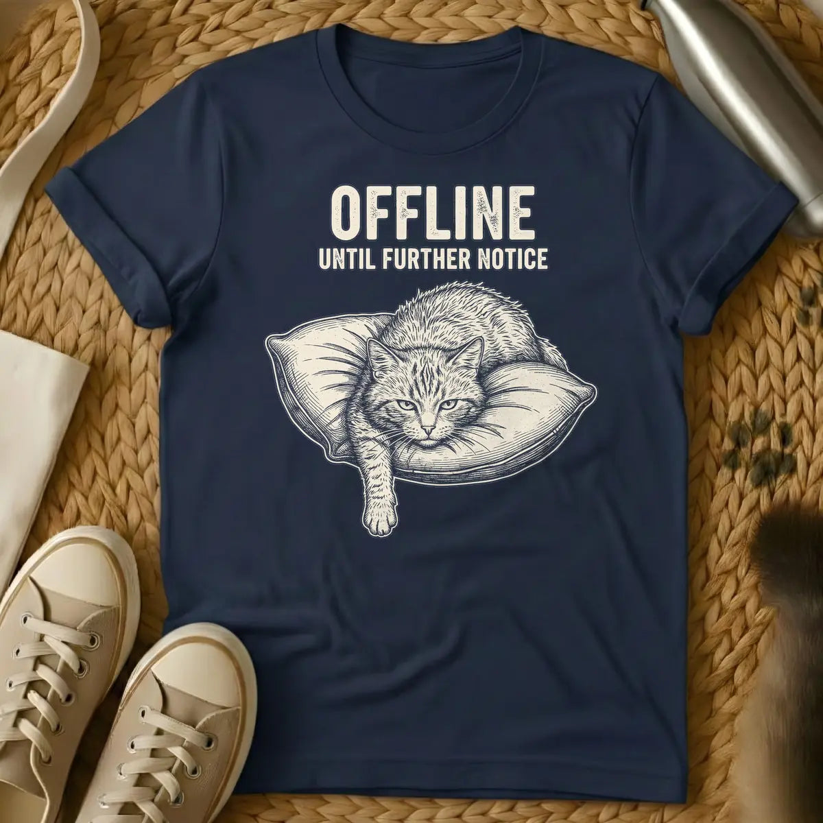 Navy - A distressed text design that reads "OFFLINE UNTIL FURTHER NOTICE" above an illustration of a lounging cat on a pillow, rendered in an engraving style.