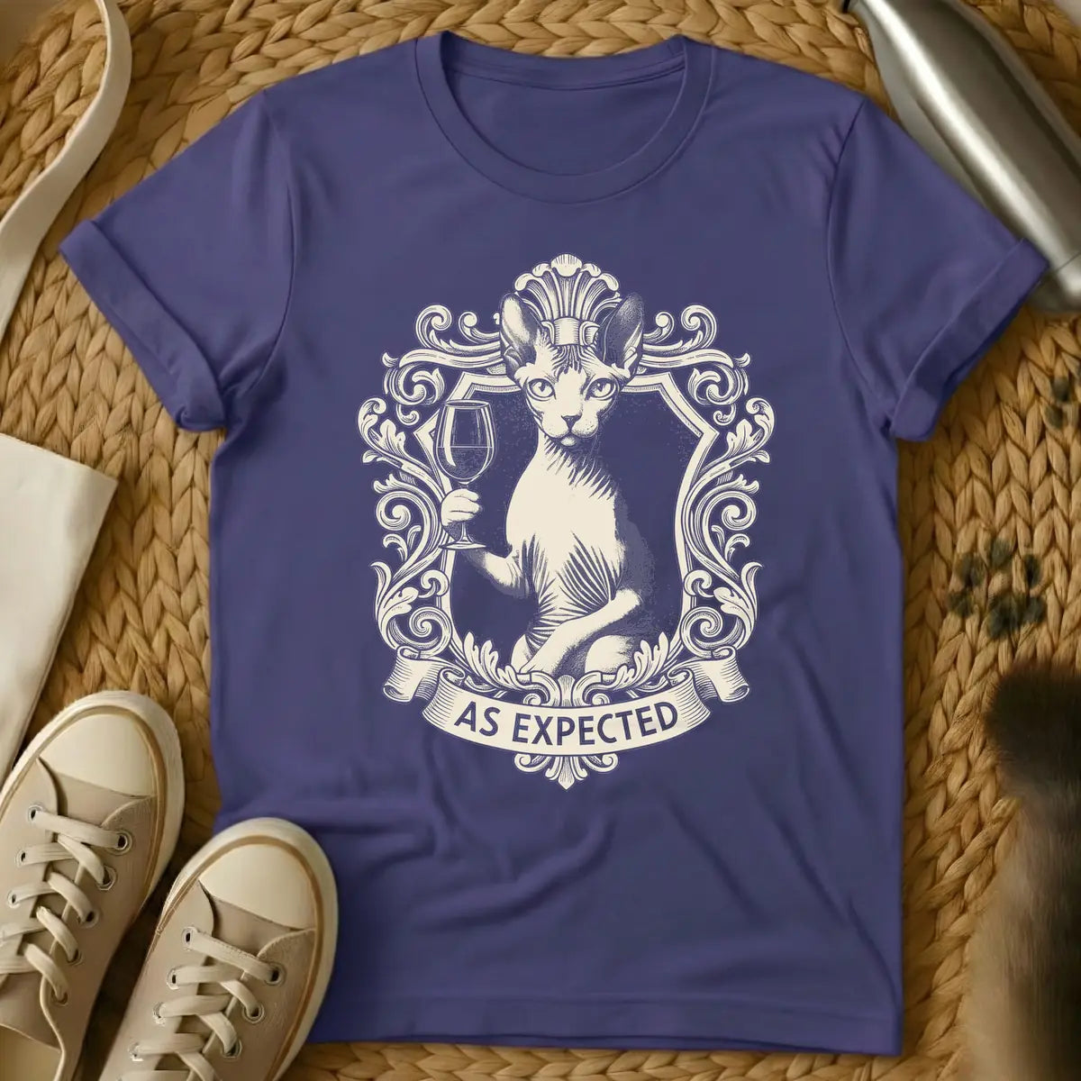 Purple - Light beige illustration of a Sphynx cat holding a wine glass, set within an ornate vintage frame, with a banner below reading "AS EXPECTED".