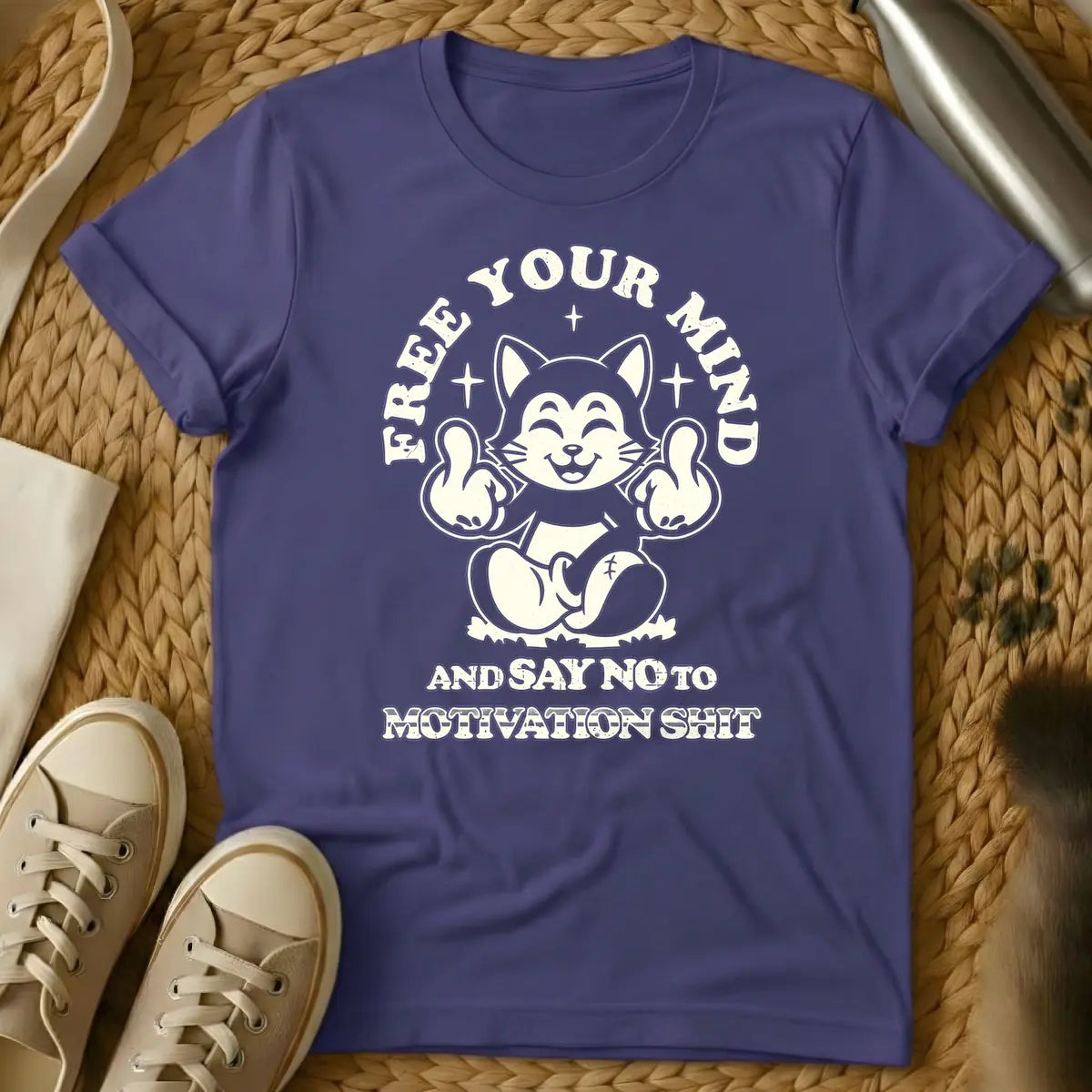 Purple - Distressed beige graphic of a smiling, meditating cartoon cat-like creature flipping off the viewer with both middle fingers, surrounded by the arched text "FREE YOUR MIND" above and "AND SAY NO TO MOTIVATION SHIT" below.