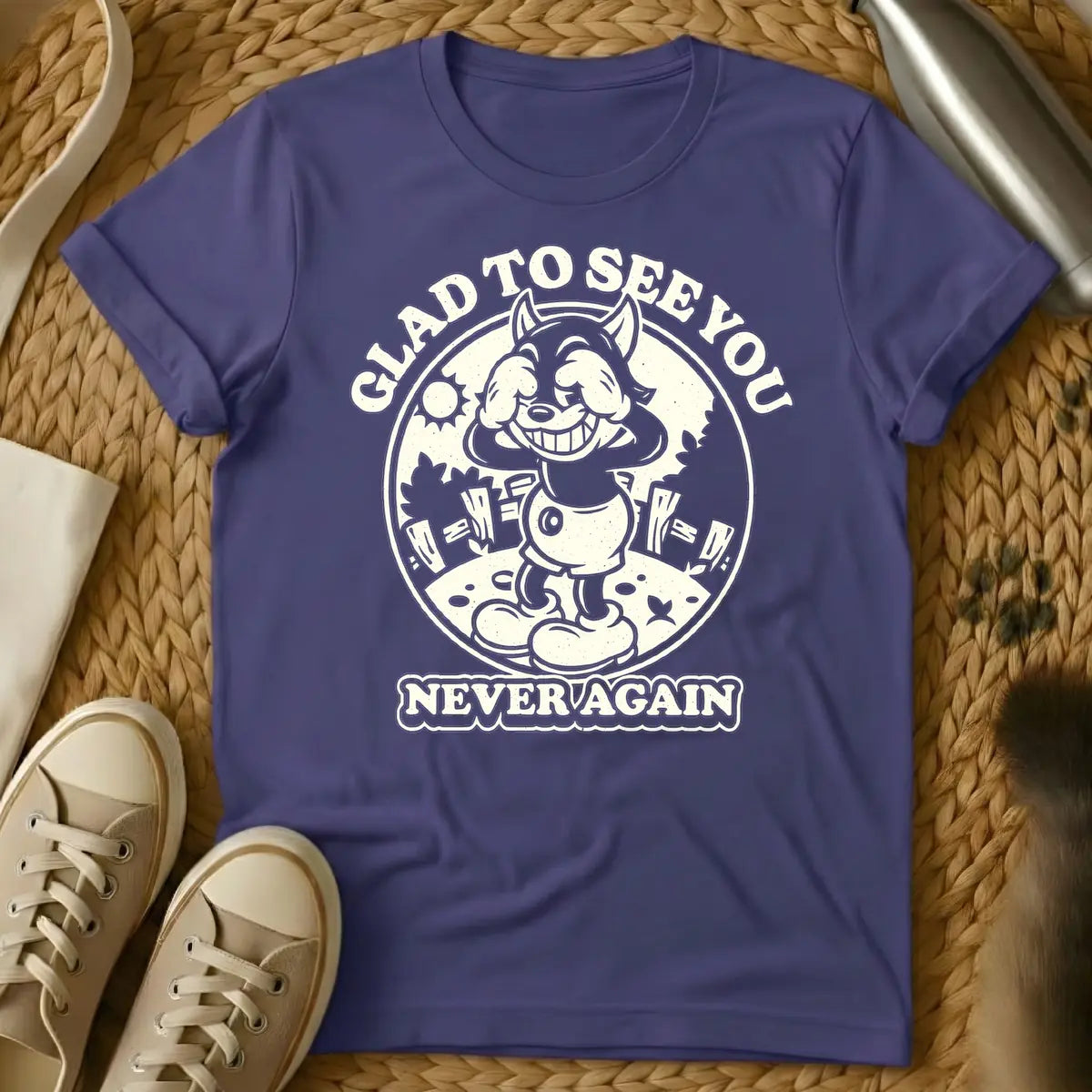 Purple - Vintage style cartoon wolf character covering its eyes with its hands and grinning widely, in a circular frame with a sun and fence in the background. Arched text above the circle reads "GLAD TO SEE YOU", and text below the circle reads "NEVER AGAIN".