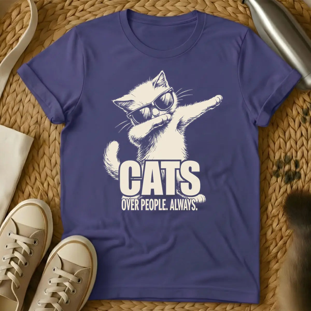 Purple - Light beige sketchy drawing of a cat wearing sunglasses and dabbing, with the text "CATS OVER PEOPLE. ALWAYS." below it.