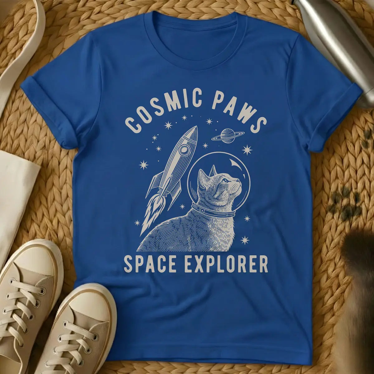 Royal - Beige woodcut-style illustration of a cat wearing a space helmet looking up, with a rocket launching beside it, a ringed planet, and stars in the background. Arched text at the top reads "COSMIC PAWS" and text at the bottom reads "SPACE EXPLORER".