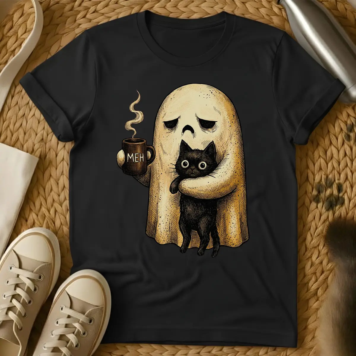 Black - Ghost holding coffee mug with black cat, saying "MEH" on sage green t-shirt, illustrated style