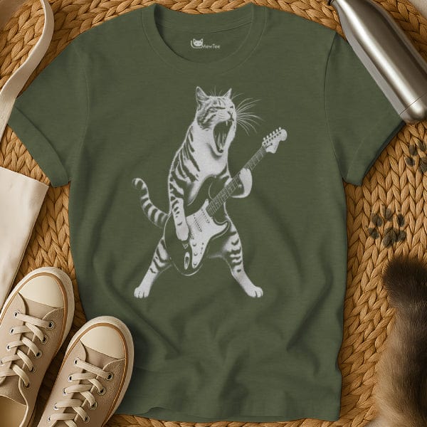 MewTee Military Green / S Cat Playing Guitar Shirt