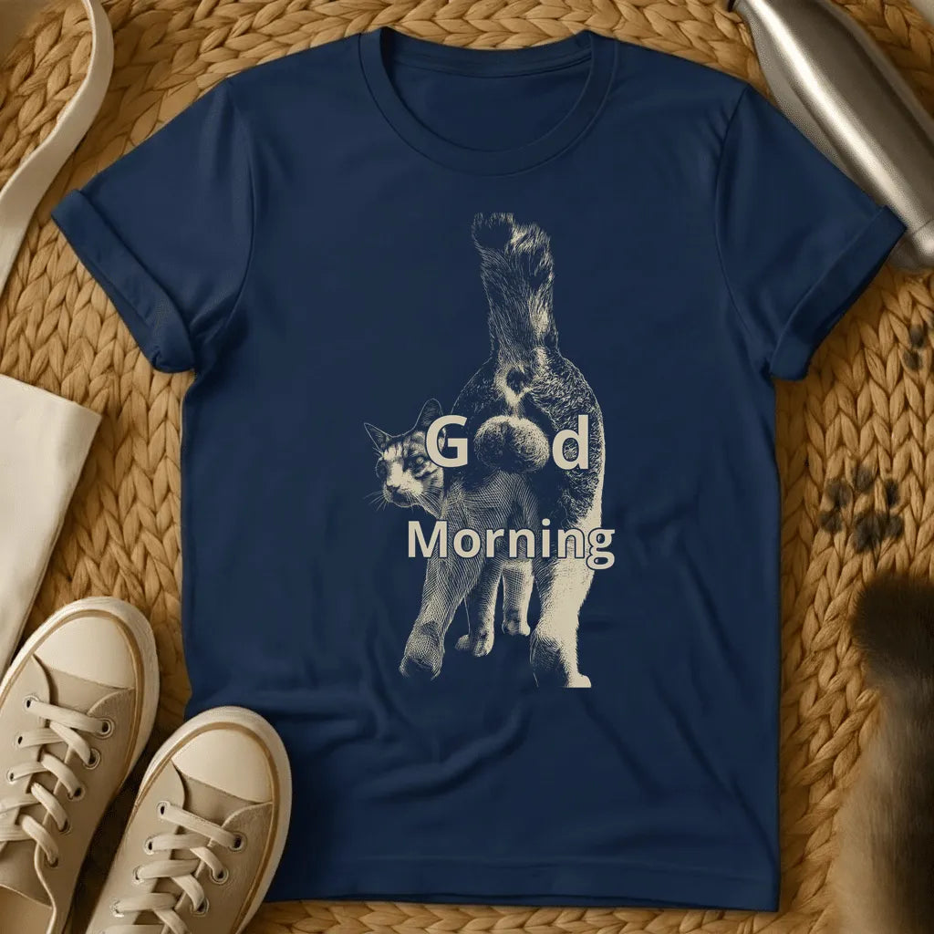 Navy - Dark gray t-shirt with "Good Morning" text overlaid on an engraved-style illustration of two squirrels standing upright together.