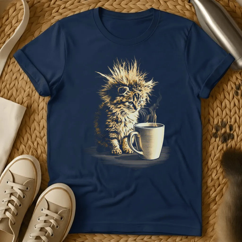 Navy - Fluffy kitten with spiky hair sitting next to a coffee mug, gold illustration on dark gray t-shirt