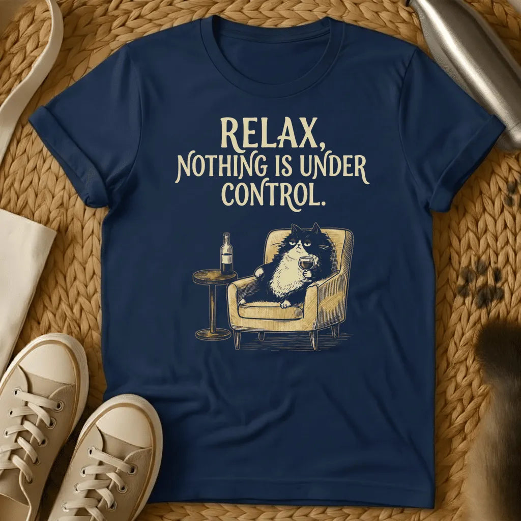 Navy - Dark gray t-shirt with cream text reading "RELAX, NOTHING IS UNDER CONTROL" and illustration of a cat in an armchair holding a wine glass