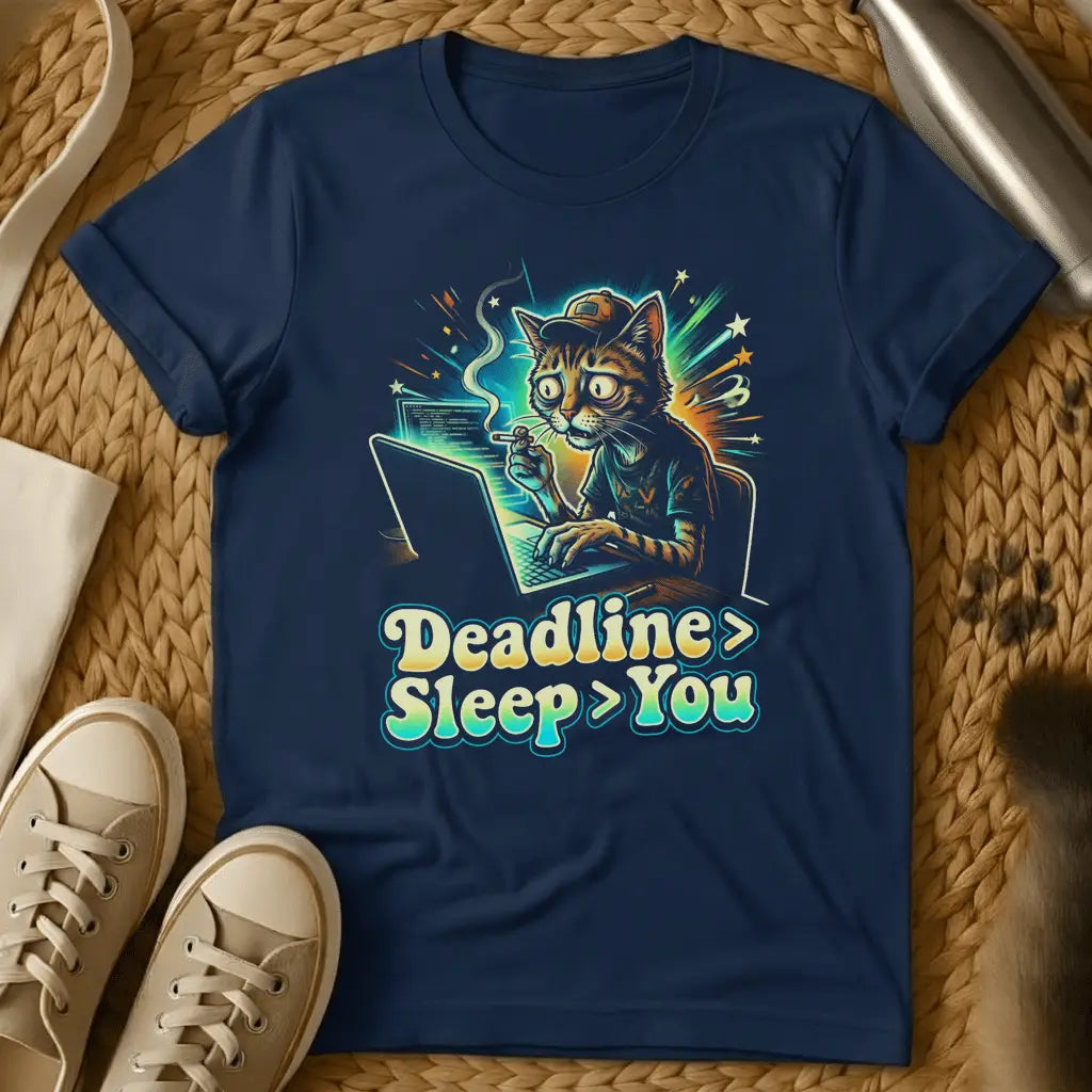 Navy - Gray t-shirt featuring a colorful cartoon cat at a laptop with "Deadline > Sleep > You" text and neon glow effects