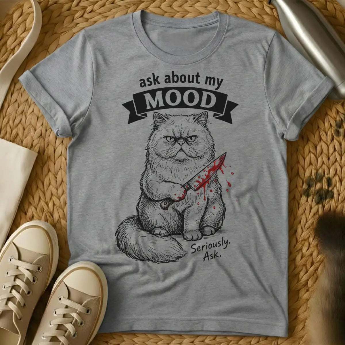 Ask About My Mood Cat Shirt - Gray T-Shirt - deadpan humor tee, grumpy aesthetic cat, introvert cat merch