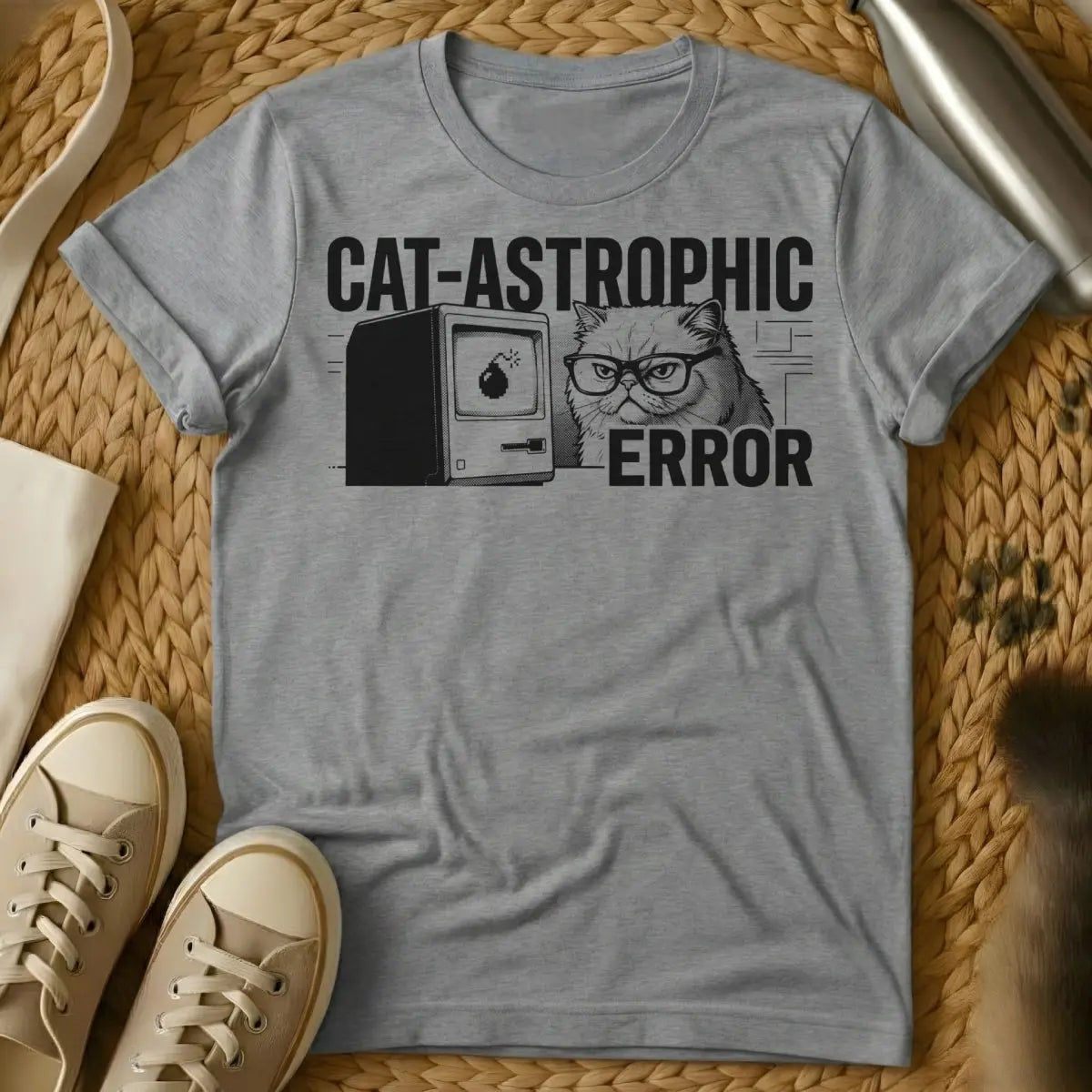 Cat-astrophic Error Shirt - Gray T-Shirt - 404 error apparel, glitchcore aesthetic, internet meme cat