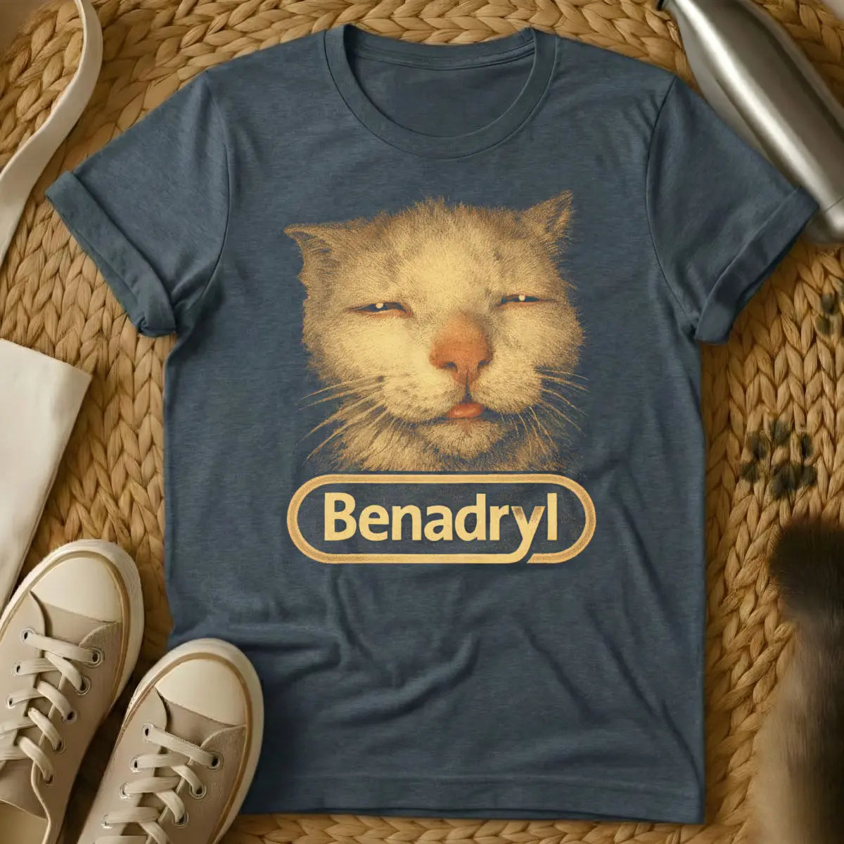 Benadryl Cat Shirt - Dark Heather T-Shirt - extreme chill lifestyle, relatable burnout humor, sedated pet art