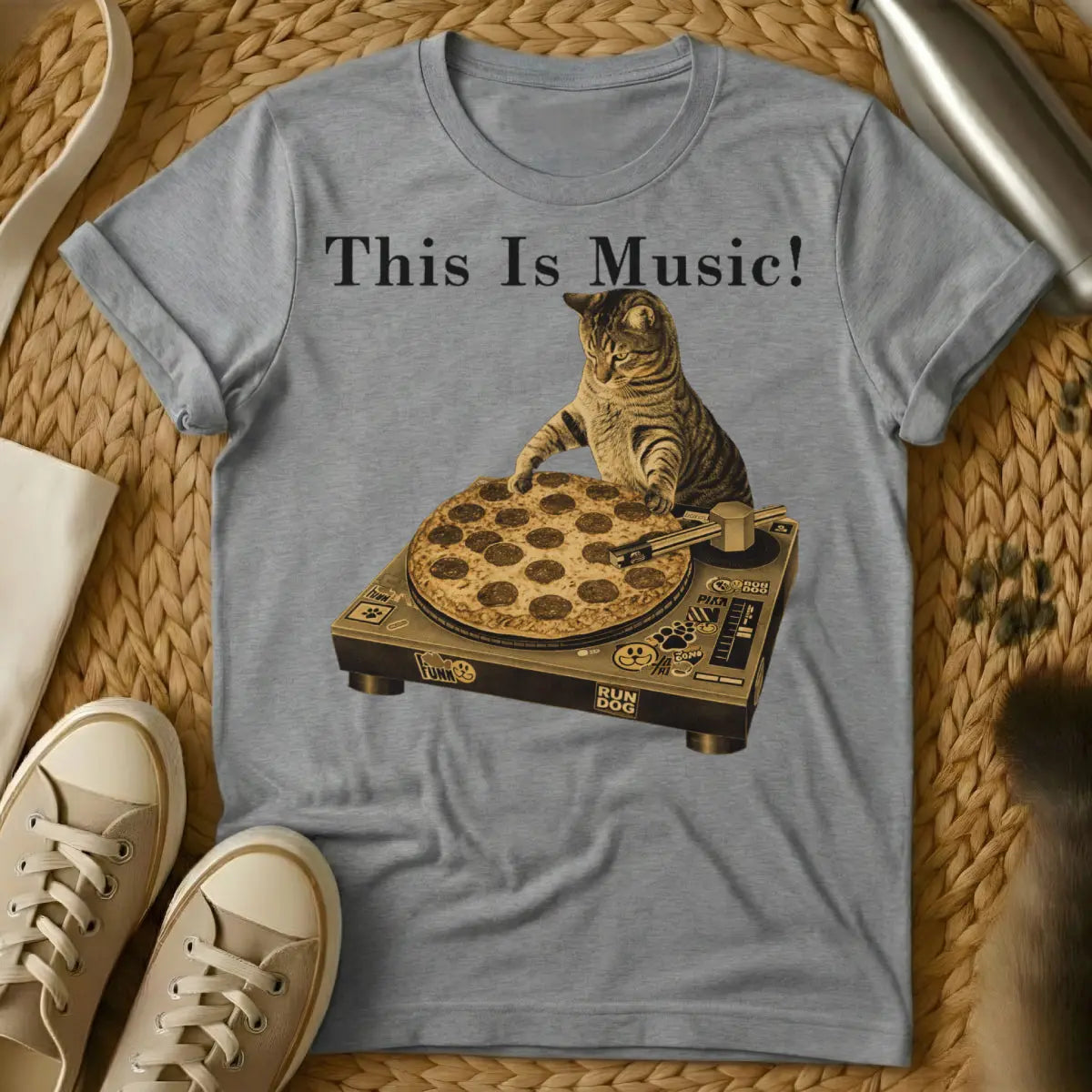 DJ Cat Pizza Tee - Gray T-Shirt - food pun design, lo-fi hip hop cat, nightlife animal graphic