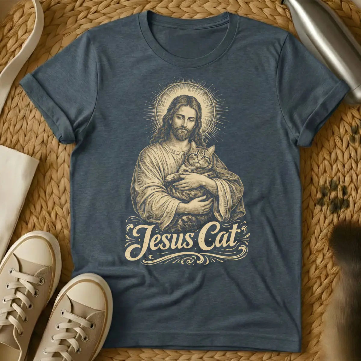 Vintage Jesus Cat Shirt - Dark Heather Cat T-Shirt