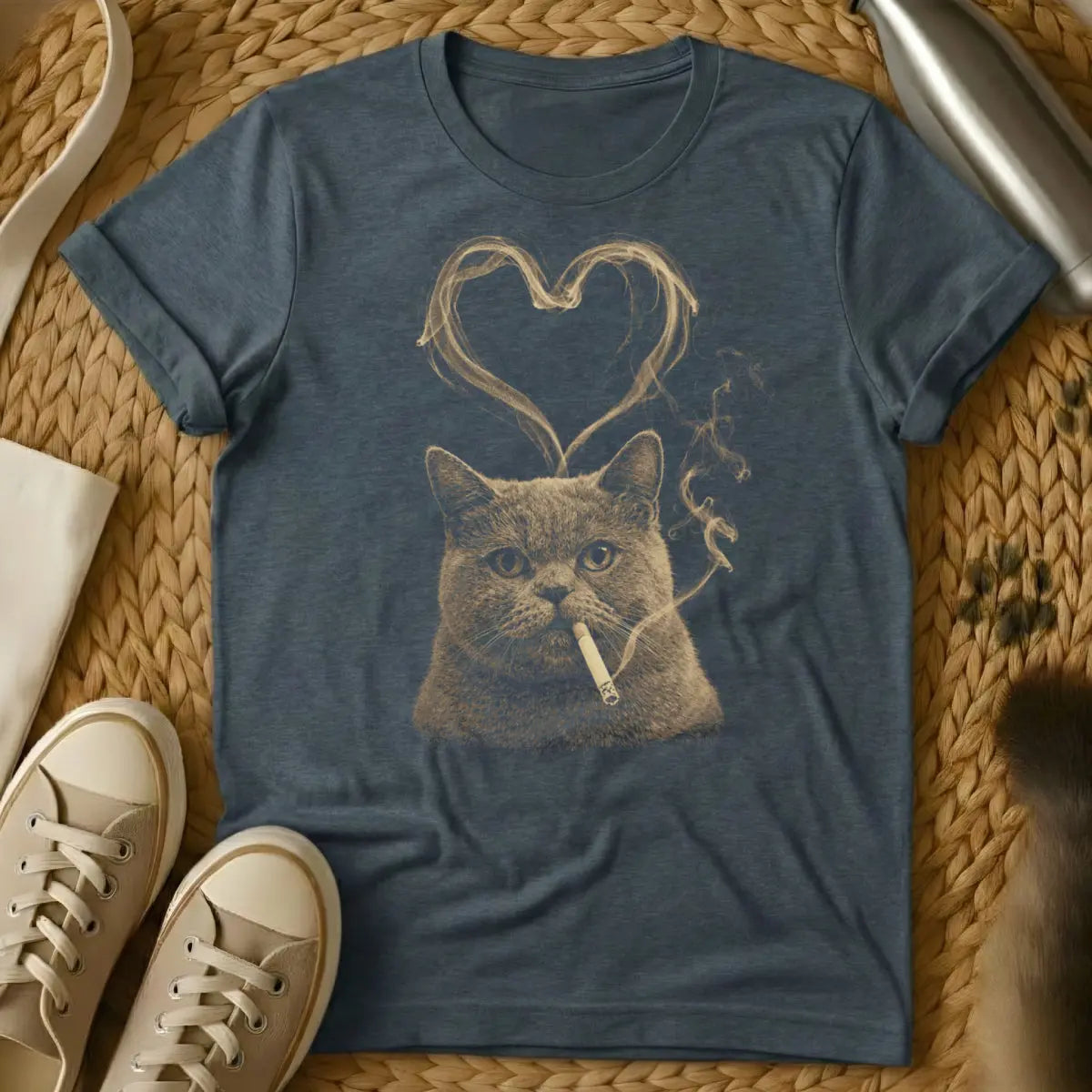 Smoking Cat Heart Smoke Shirt - Dark Heather Cat T-Shirt