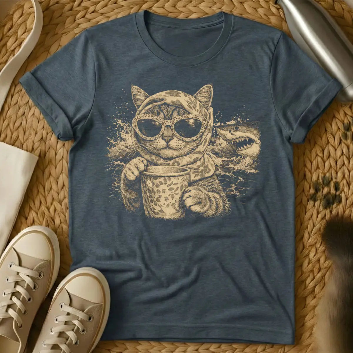 Funny Cat Coffee Shark Shirt - Dark Heather T-Shirt - animal fusion art, caffeinecore, grumpy cat humor