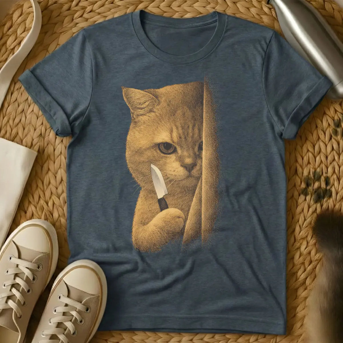 Funny Cat With Knife Shirt - Dark Heather T-Shirt - absurdist cat art, creepy cute aesthetic, dark humor apparel