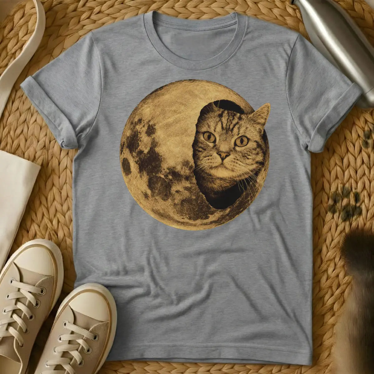 Cat Moon Graphic Shirt - Gray T-Shirt - dreamcore, lunar witch, nocturnal aesthetic