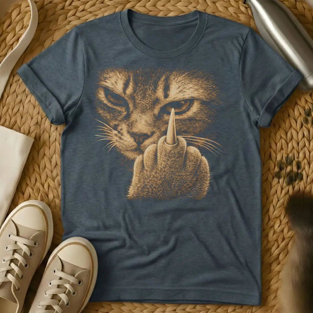 Funny Middle Finger Cat Shirt - Dark Heather T-Shirt - attitude kitty core, blunt message pet, grumpy cat vibe