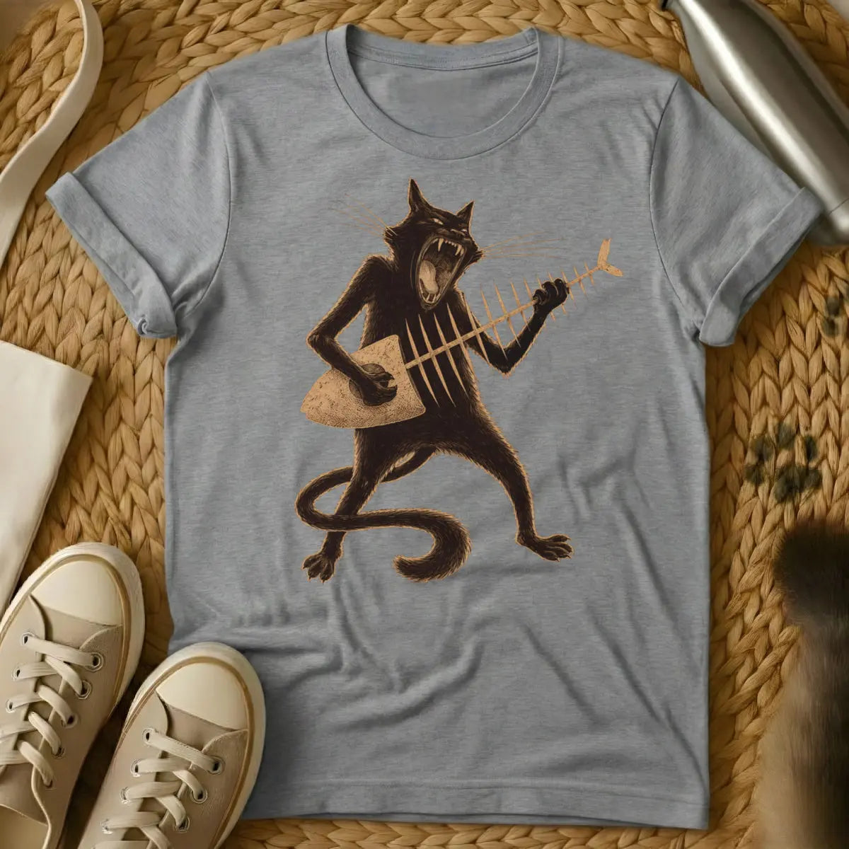 Funny Rock n Roll Cat Tee - Gray T-Shirt - band merch cat, heavy metal cat, music festival cat