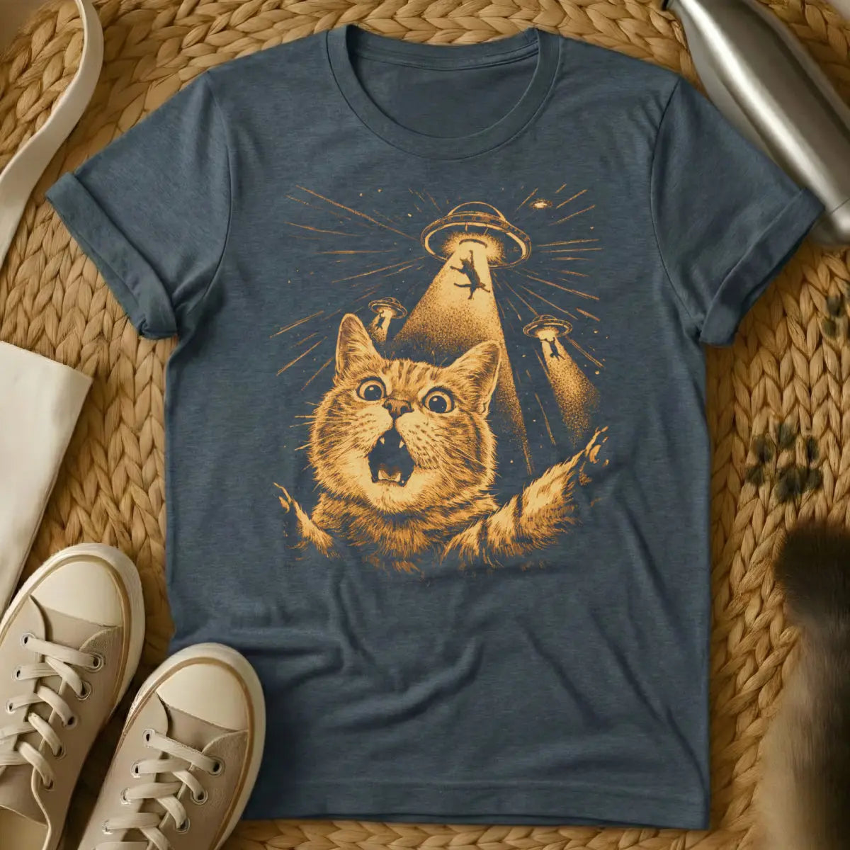 Cat UFO Abduction Shirt - Dark Heather T-Shirt - conspiracy theory humor, extraterrestrial feline, flying saucer art