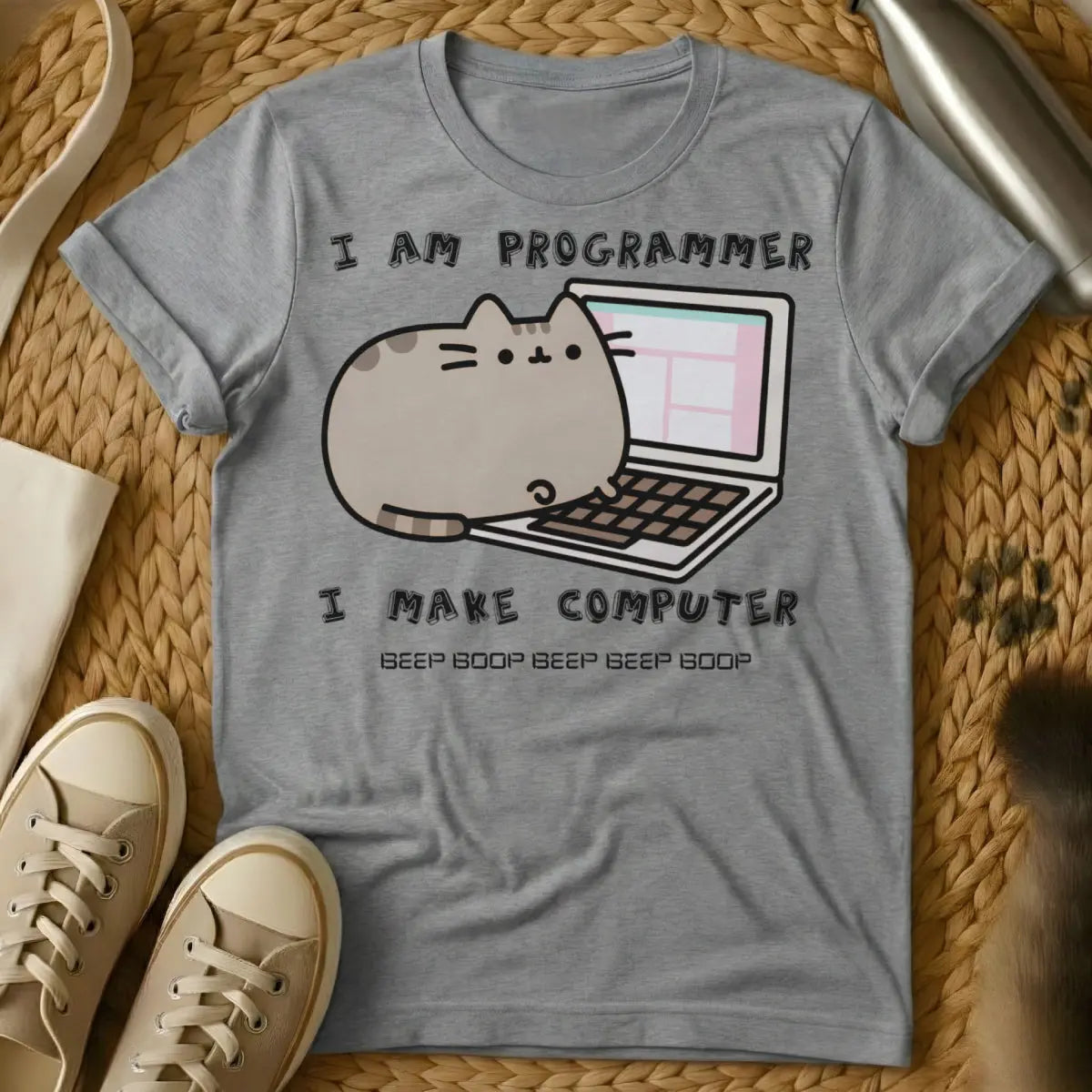 Funny Coding Cat Tee - Gray T-Shirt - code review joke, developer meme, git push main