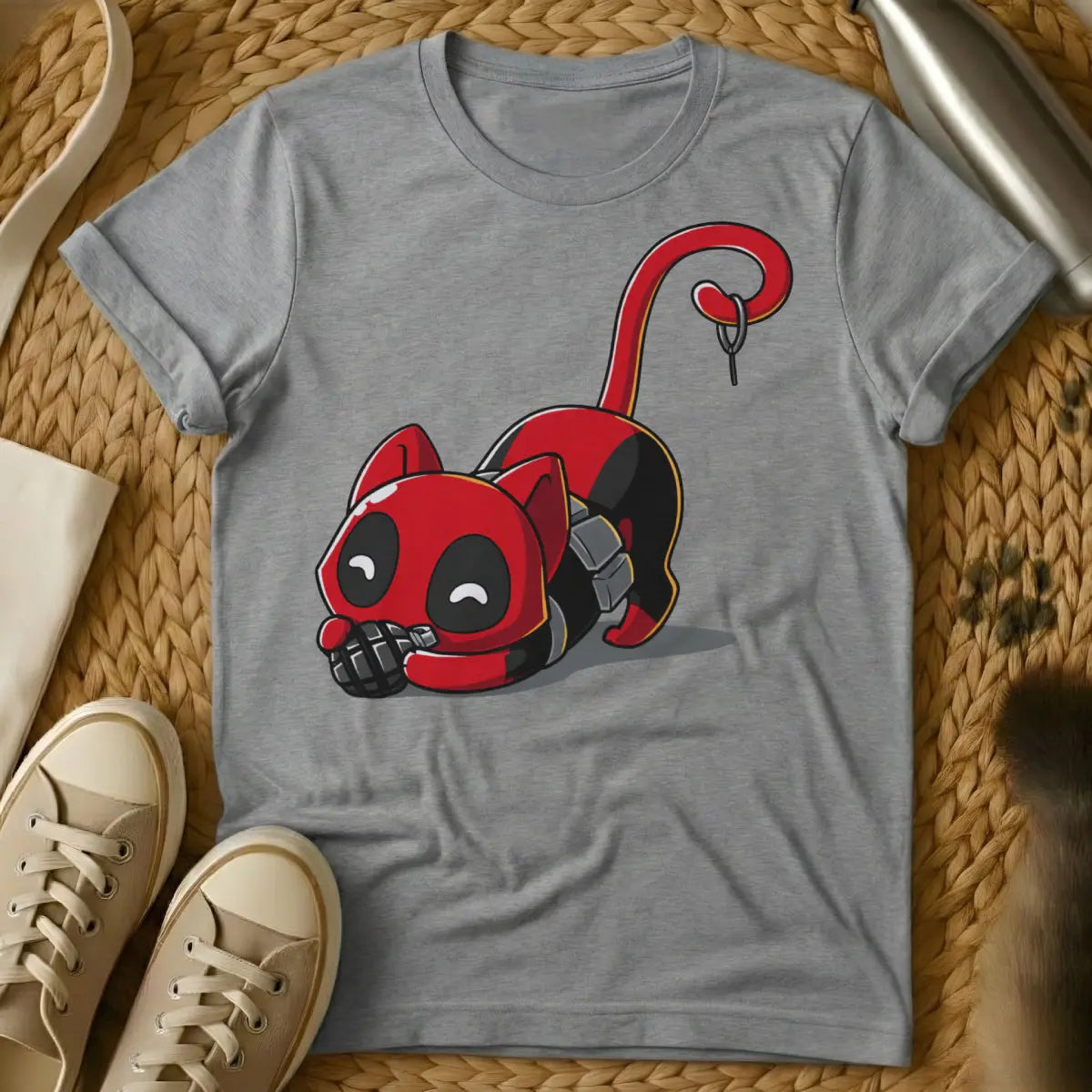 Deadpool Cat Shirt - Gray T-Shirt - antihero pet art, comic book parody, fourth wall break