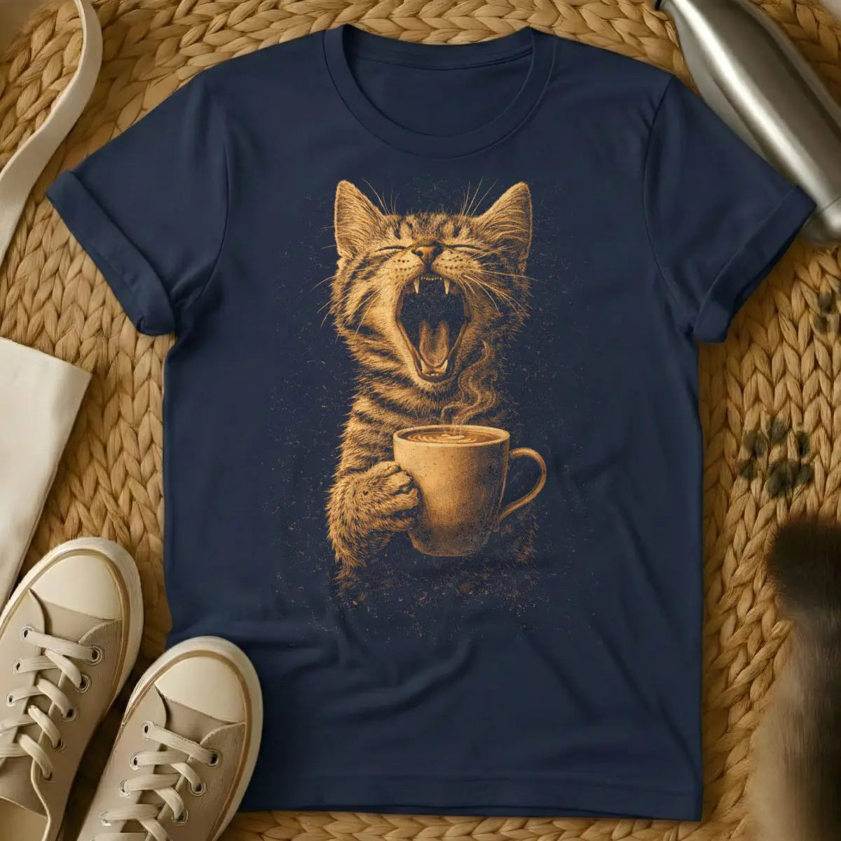 Yawning Coffee Cat Shirt - Navy Cat T-Shirt