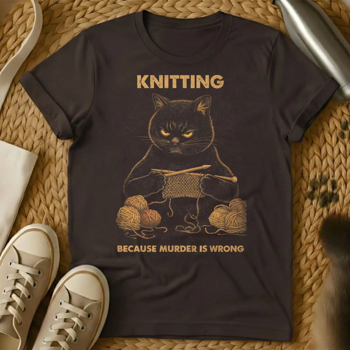 Funny Knitting Cat Tee - Dark Chocolate T-Shirt - crafter's pet problem, feline stitch destroyer, knitting cat saboteur