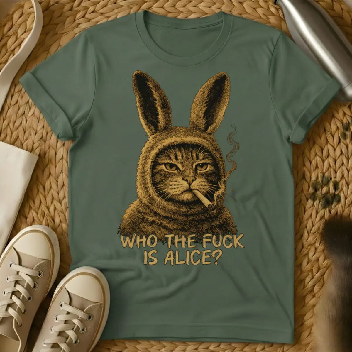 Who The Fuck Is Alice Cat Shirt - Military Green Cat T-Shirt