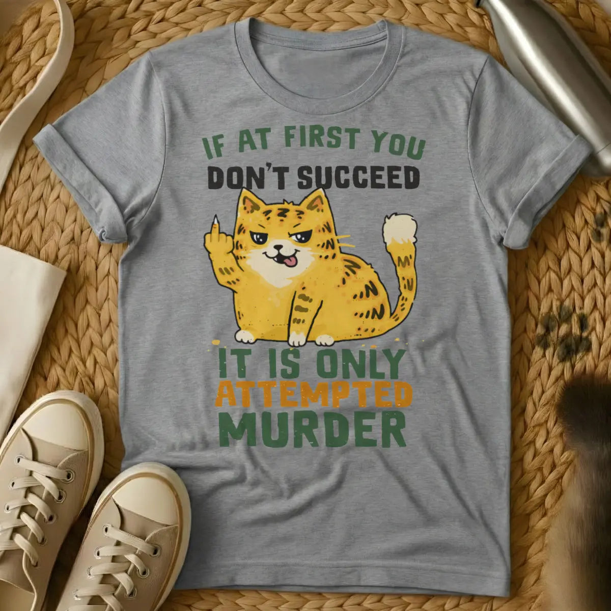 Attempted Murder Cat Shirt - Gray T-Shirt - ankle biter humor, cat owner relatable, dark humor pet