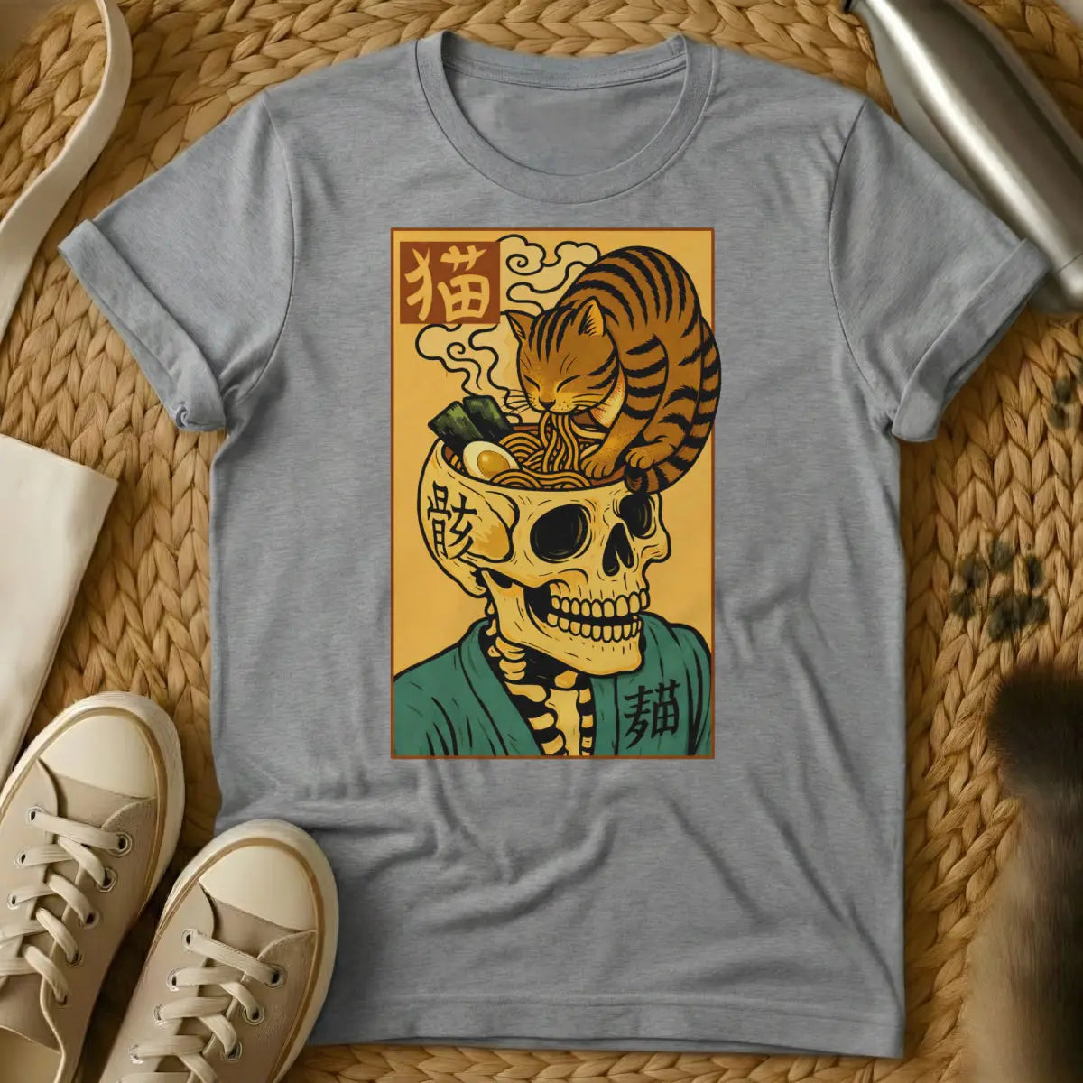 Ramen Skull Cat Shirt - Gray Cat T-Shirt