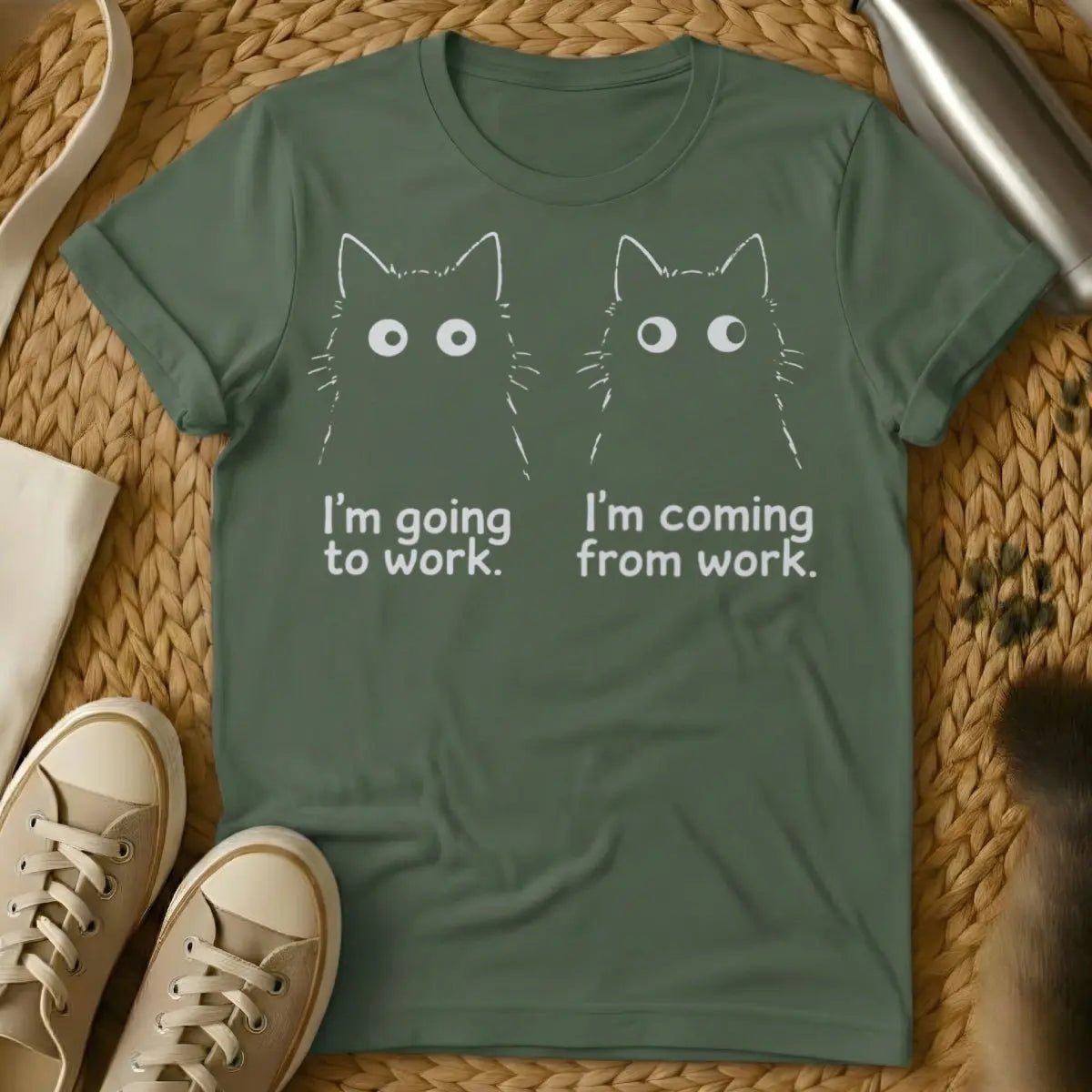 Tired Employee Cat Tee - Military Green Cat T-Shirt
