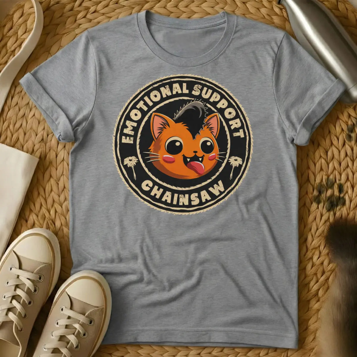 Chainsaw Cat Shirt - Gray T-Shirt - absurdist humor, cult classic vibe, edgy aesthetic