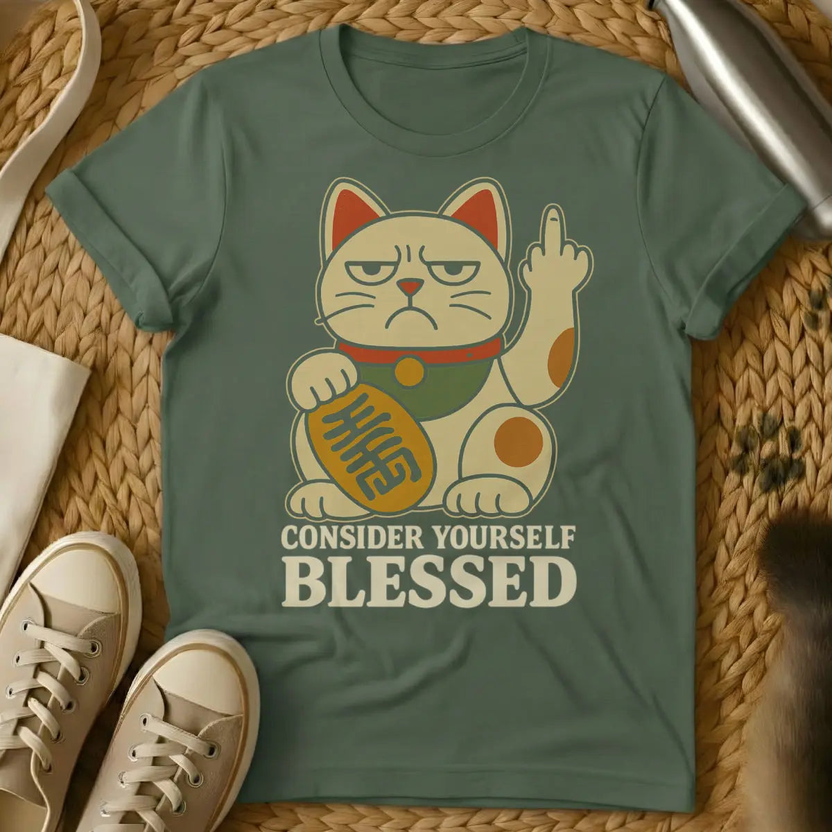 Maneki Neko Cat Shirt - Military Green Cat T-Shirt