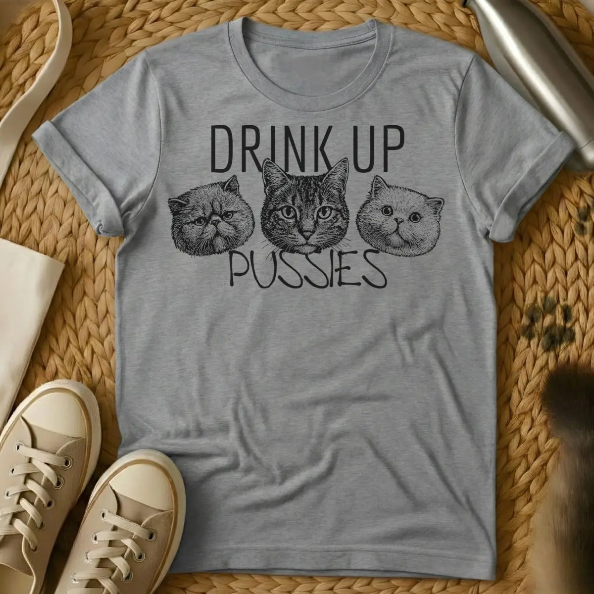 Drink Up Shirt - Gray T-Shirt - boozy cat mom, cat's approval club, feline sommelier humor