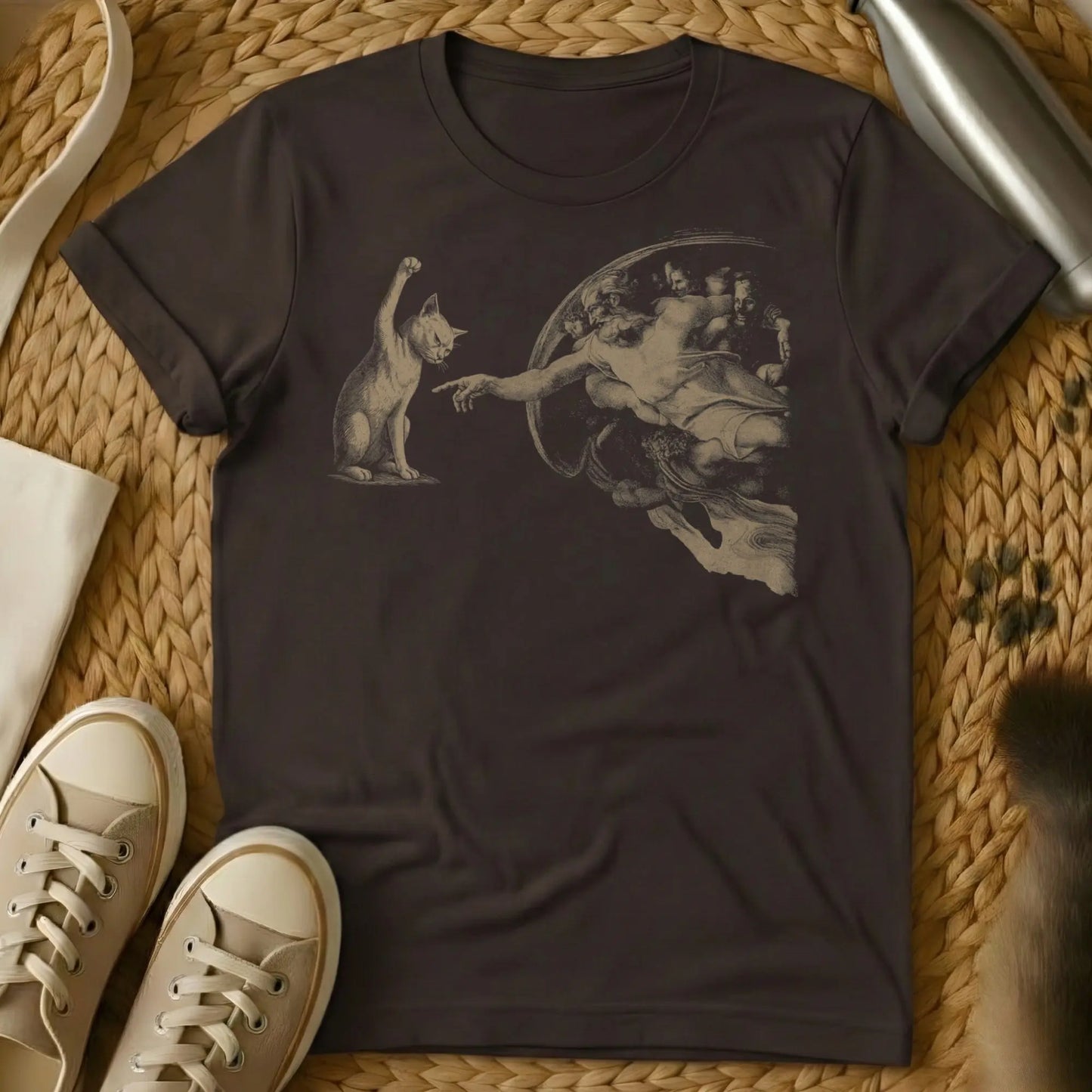 Creation Of Adam Shirt | Cat Twist - Dark Chocolate T-Shirt - art history humor, classical art meme, michelangelo spoof