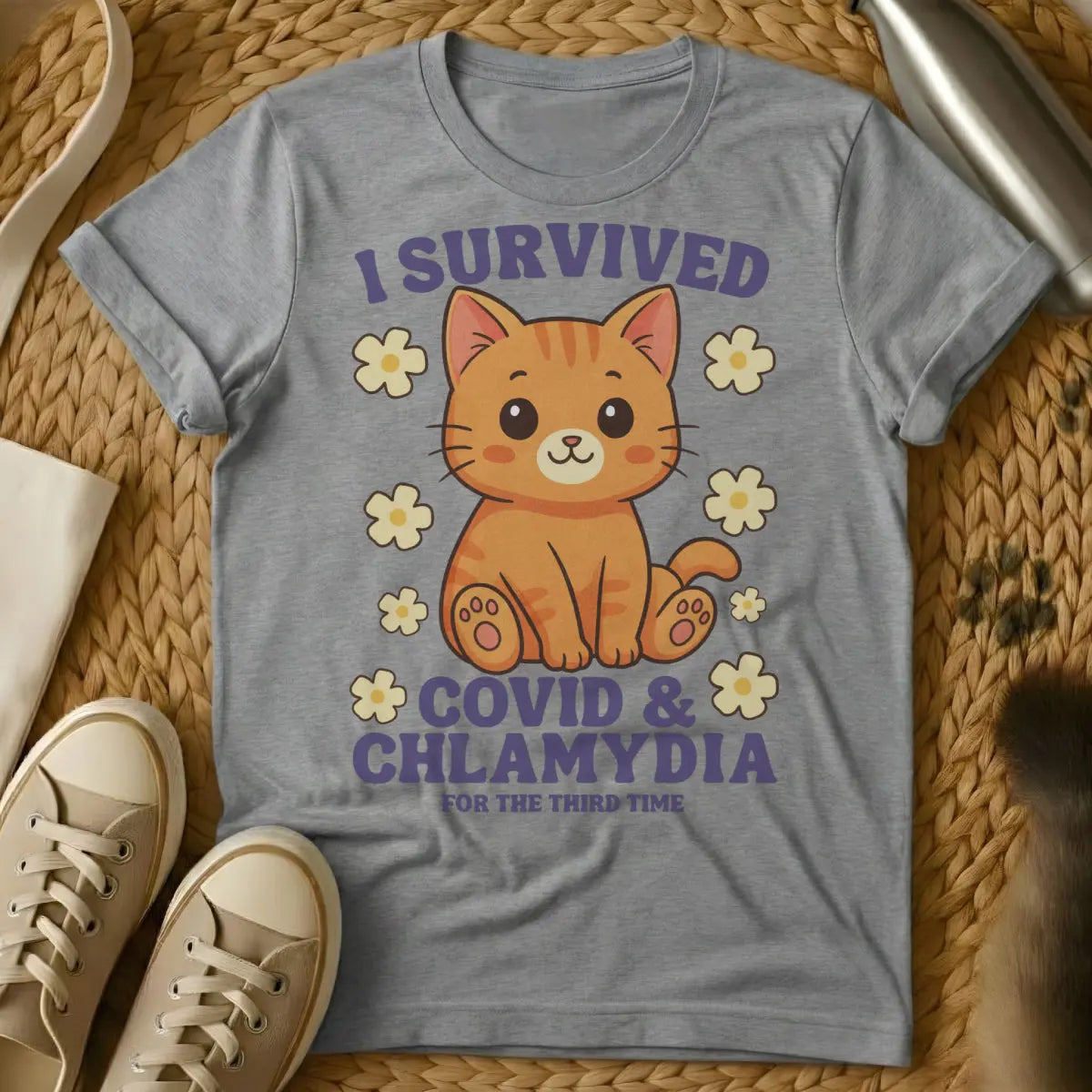 Covid Survivor Shirt - Gray T-Shirt - feline stoicism, pandemic pet parent, quarantine humor