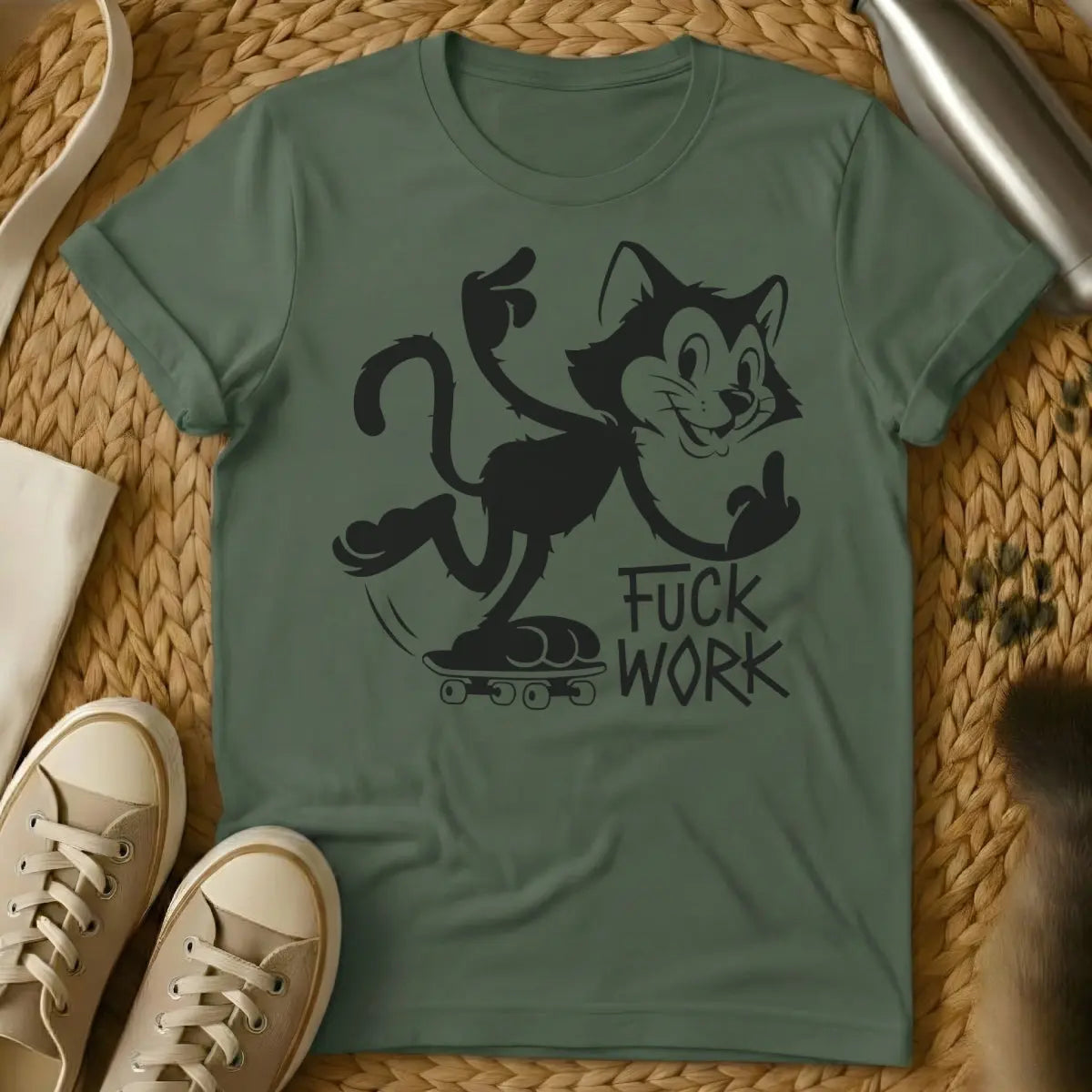 Work Hate Tee - Military Green Cat T-Shirt