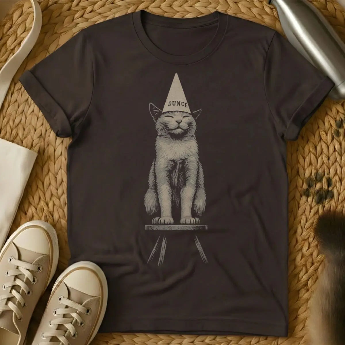 Dunce Shirt - Dark Chocolate T-Shirt - cat logic meme, clumsy pet humor, derpy animal art