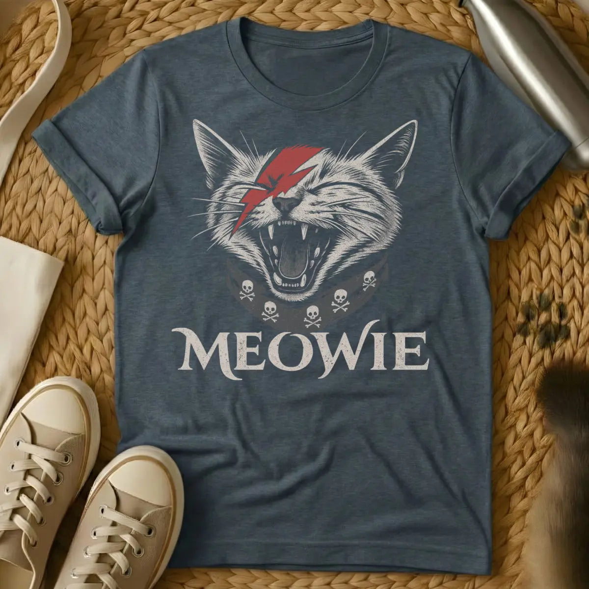 Bowie Cat Shirt - Dark Heather T-Shirt - alien cat art, glam rock aesthetic, music fan art
