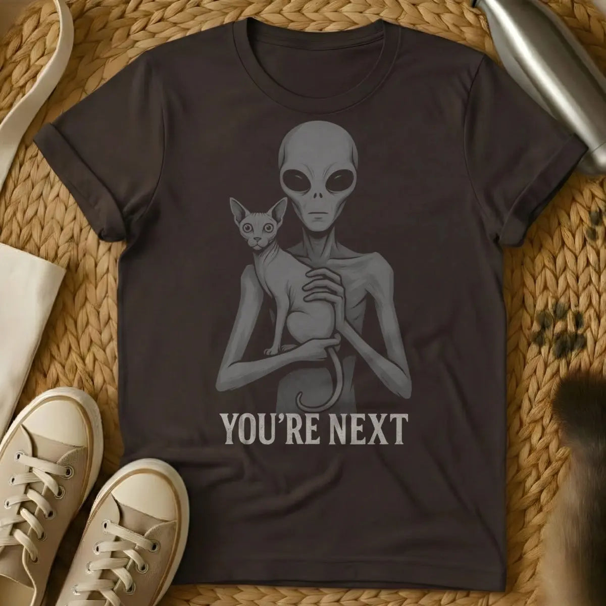 Alien Cat Shirt - Dark Chocolate T-Shirt - alien invasion parody, cosmic cat conspiracy, extraterrestrial pet
