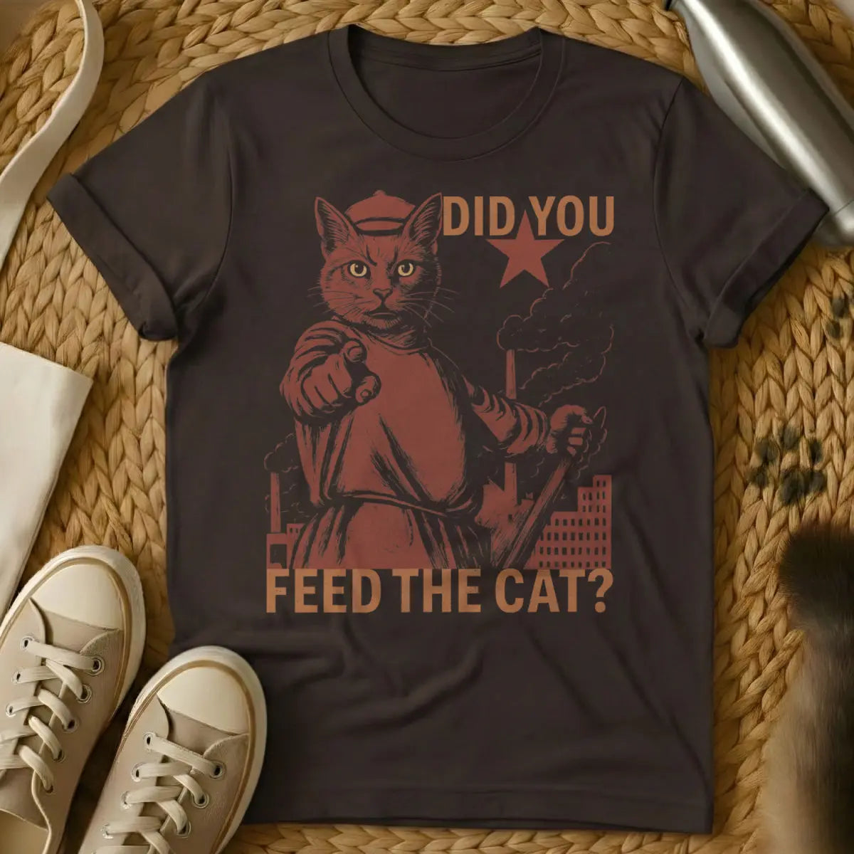 Communist Cat Tee - Dark Chocolate T-Shirt - cat servitude humor, communist satire, historical meme