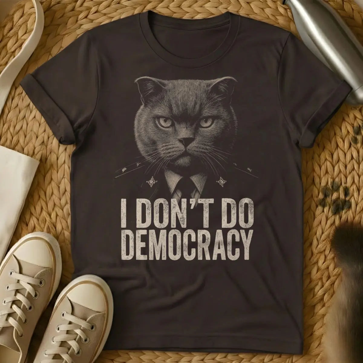 Anti-Democracy Cat Shirt - Dark Chocolate T-Shirt - feline dictator, household despot, kitty autocracy