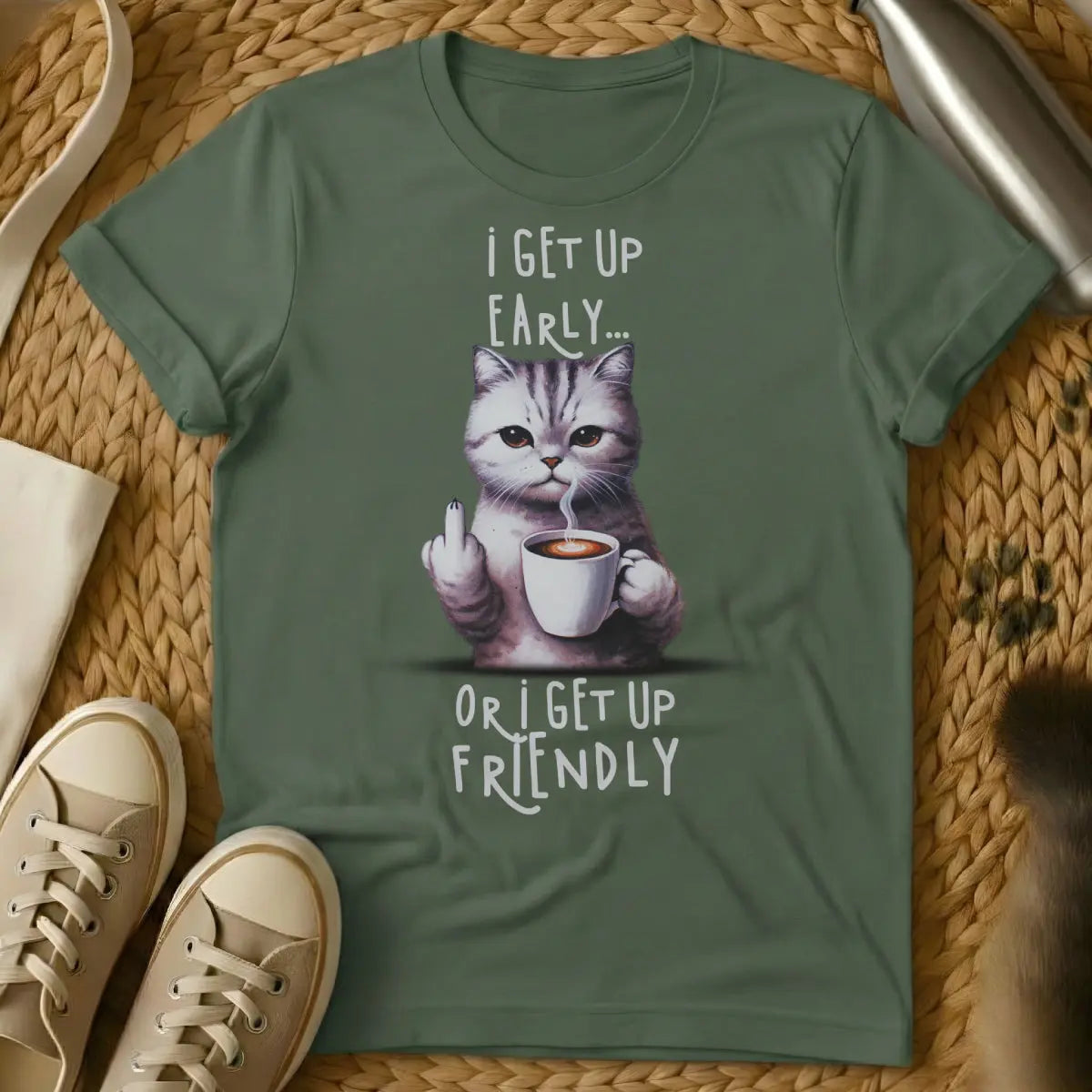 Wake Up Cat T-Shirt - Military Green Cat T-Shirt
