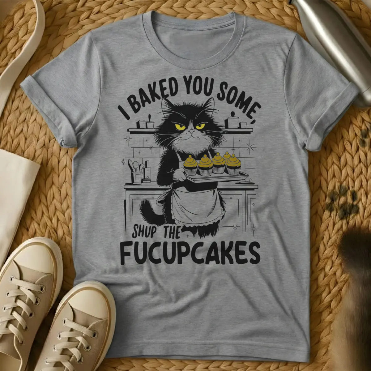 Cake Cat T-Shirt - Gray T-Shirt - birthday cake bandit, cat food dominance, food thief cat